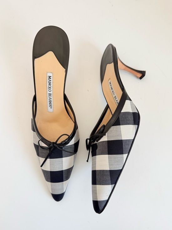 Manolo Blahnik Shoes - Manolo Blahnik LATAMU Black White Gingham Check Bow Pointed Toe Kitten mules 38